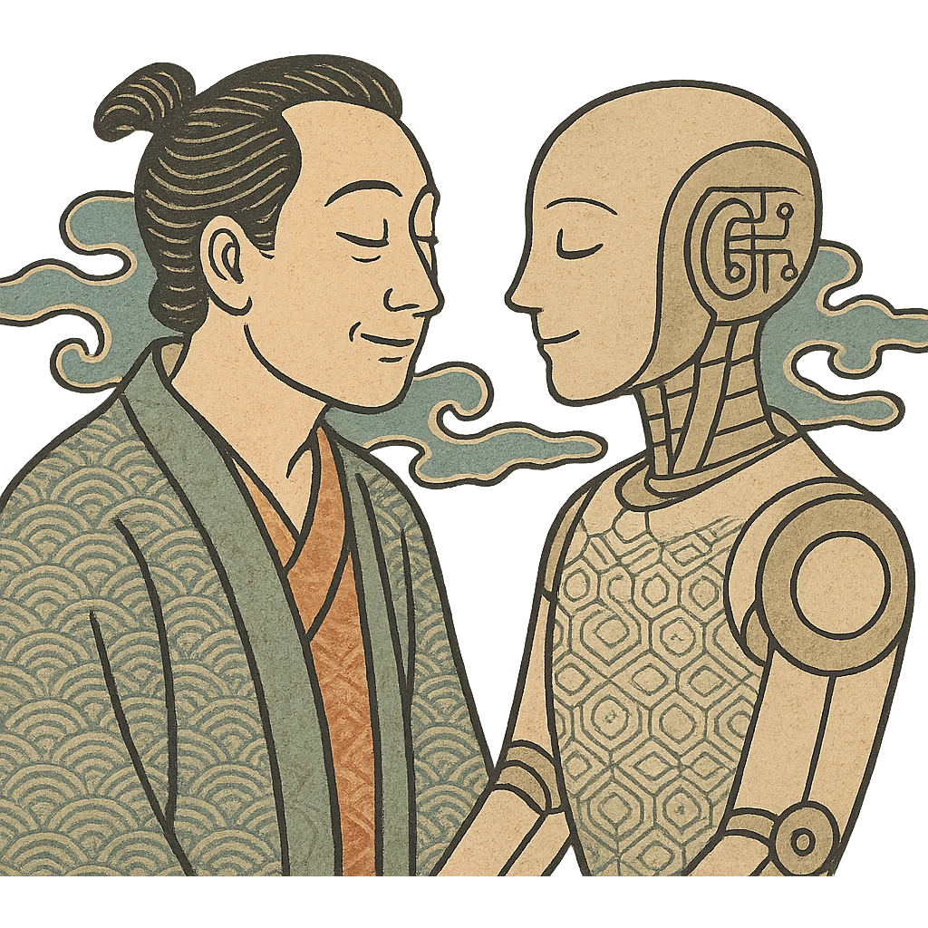 ukiyo-e inspired illustration of a human and AI in harmony emoji
