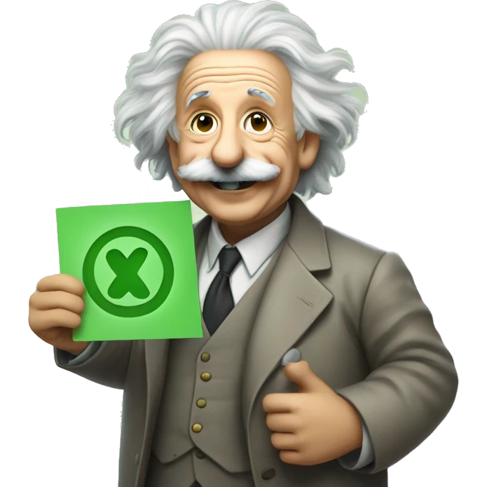 happy albert einstein holding green check mark in one hand emoji