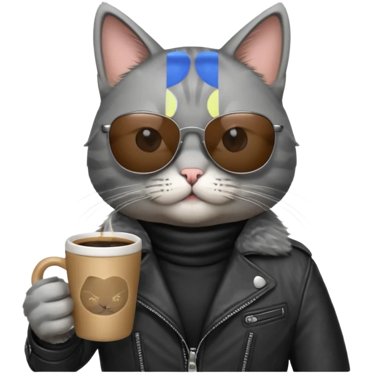 Gray cat, wearing sunglasses, leather black jacket, holding coffee mug emoji