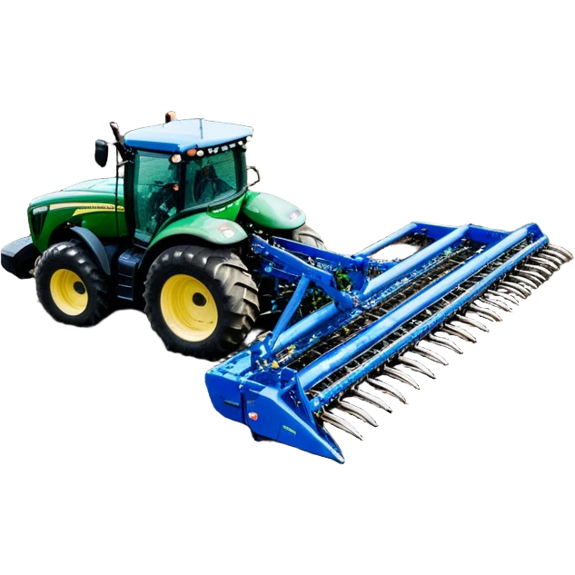 Bourgault 3420 Paralink Hoe Drill (2022) – Cinematic-realistic John Deere 6155M tractor hauling a Bourgault 3420 Paralink Hoe Drill, its powerful green frame pulling the vast blue seeder across endless fields. The machine plants seeds with pinpoint accuracy, leaving precise rows in the rich brown soil,  emoji