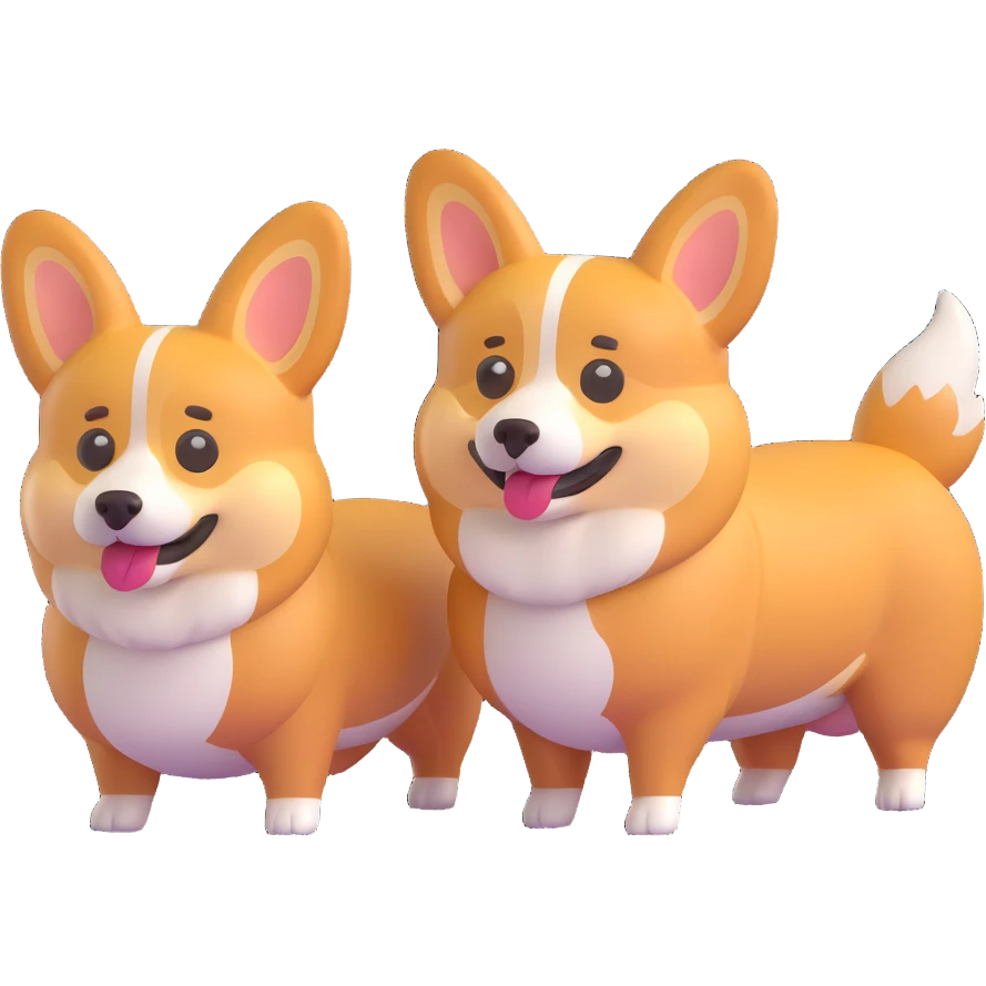 Remove only the small corgi with the flower, leaving the two adult corgis unchanged in the 3D emoji style. emoji