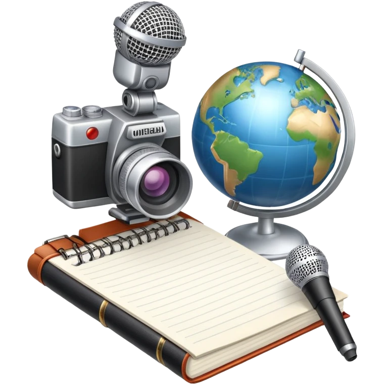 An icon showing a microphone, a notepad, and a camera, symbolizing journalism. The design includes a globe in the background, representing global news, and a breaking news banner for emphasis. Transparent background highlights the dynamic world of media and reporting. emoji