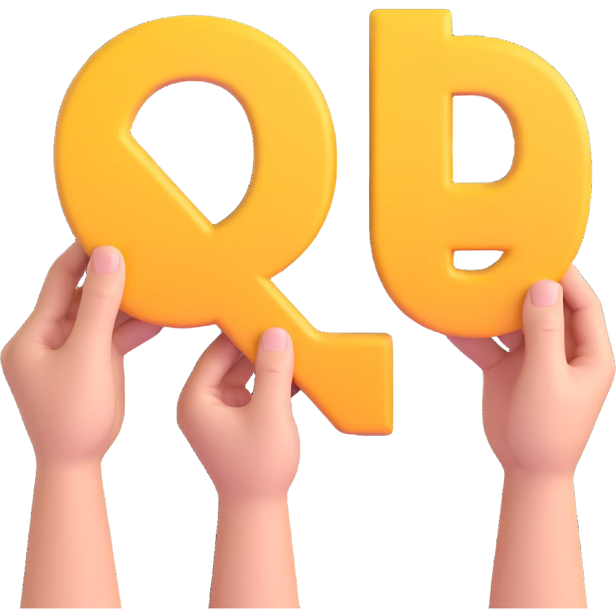 multiple hands holding the letters Q, & and A respectively, in 3D emoji style, three-dimensional and lively, no background emoji
