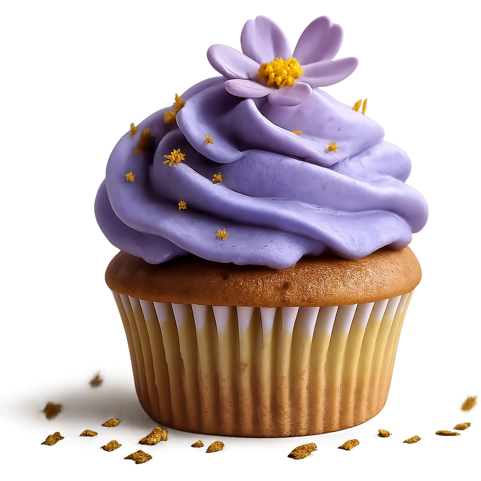 Change the icing to taro flavor with light purple color, creamy and slightly glossy texture, keep the realistic cupcake and accessories, photorealistic style, transparent background. emoji
