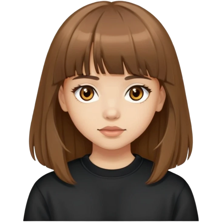 Light skinned girl with brown eyes, long brown hair with bangs, wearing a black sweatshirt emoji