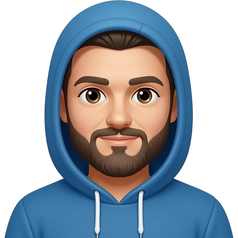 man with beard wear a blue color hoodie on head emoji