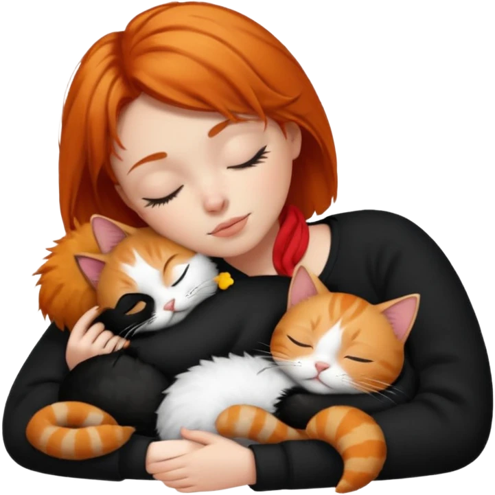 short hair Ginger Girl sleeping with a black and a white bigger cat  emoji