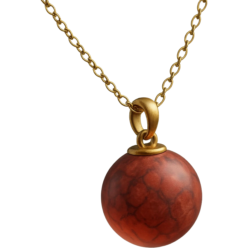 red ball granite pendant with marbled surface, floating in an ethereal glow, delicate gold chain emoji