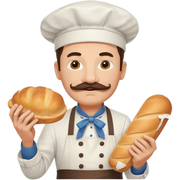 Middle aged male pastry chef - with a mustache, apron, white hat, holding bread emoji