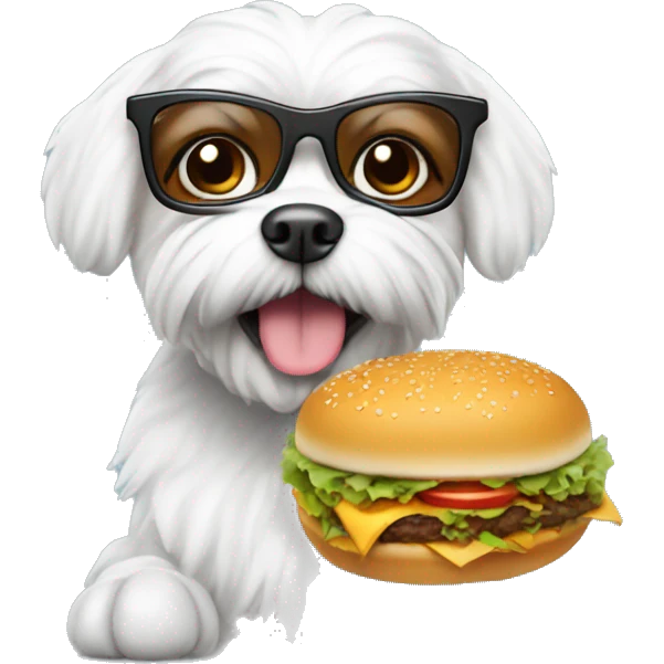 Maltese wearing a glasses and holding a hamburger emoji