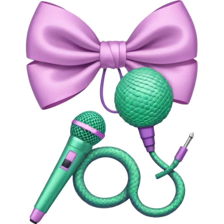 A pastel pink bow with a pastel green snake on the top of one side and a pastel purple microphone on the bottom of the other side emoji
