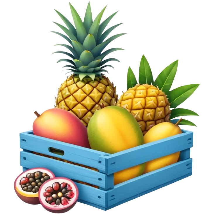 pineapples, mango and passion fruit in a blue crate emoji