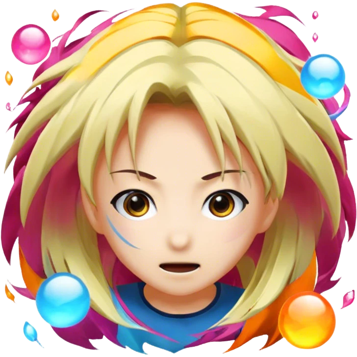 Icon for Anime: vibrant, dynamic scene with popular anime characters in action, featuring exaggerated expressions and colorful backgrounds. The design should reflect the distinct, energetic style of anime, with iconic eyes and unique visual elements. Transparent background. emoji