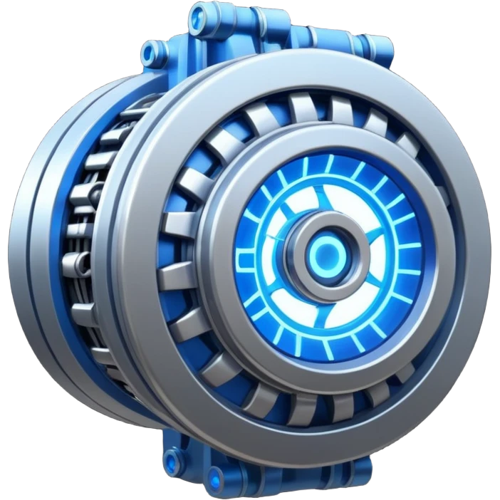 Powerful half-futuristic half-modern engine emoji, thick industrial metal body, rotating inner parts, glowing energy core. emoji