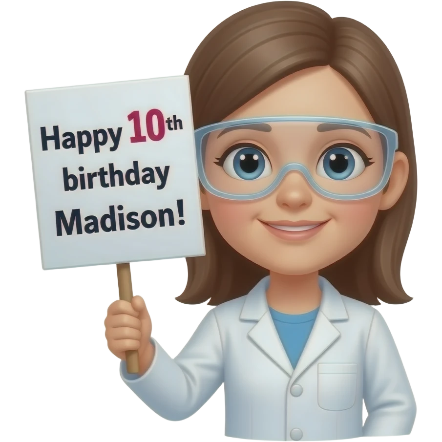 SMAL HEAD GIRL SCIENTOIST HOLDING SIGN THAT SAYS HAPPY 10TH bIRTHDAY MADISON! emoji