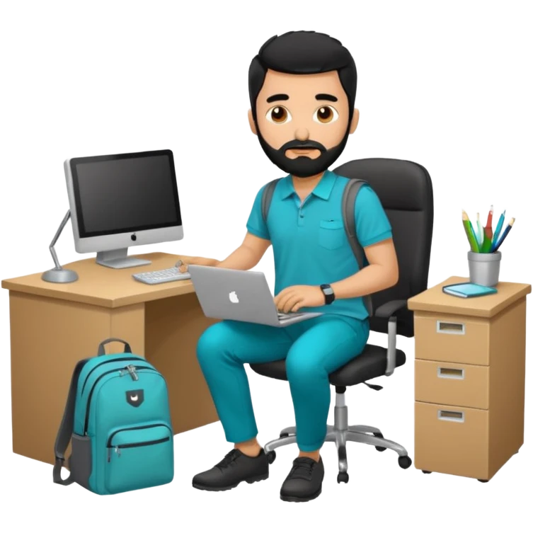 man with blackshot male hair and black hair and beard and hes in a office with his grey backpack on the floor and he has a tourquos polo shirt with backpack on floor on desk computer and grey pants emoji