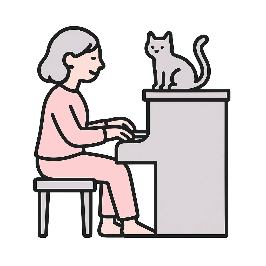 woman playing piano while her cat sits on top of the piano emoji