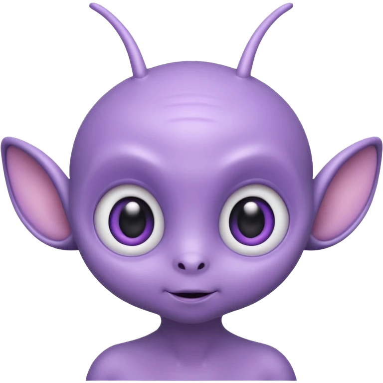Portrait of a cute alien with round head, big shiny eyes, pastel purple skin, small antennae, friendly expression, cartoon style emoji