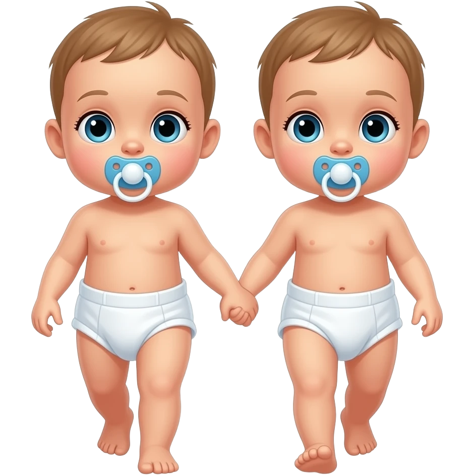 Two blue-eyed baby girls walking and holding handsand wearing a cloth diaper sucking on pacifier emoji