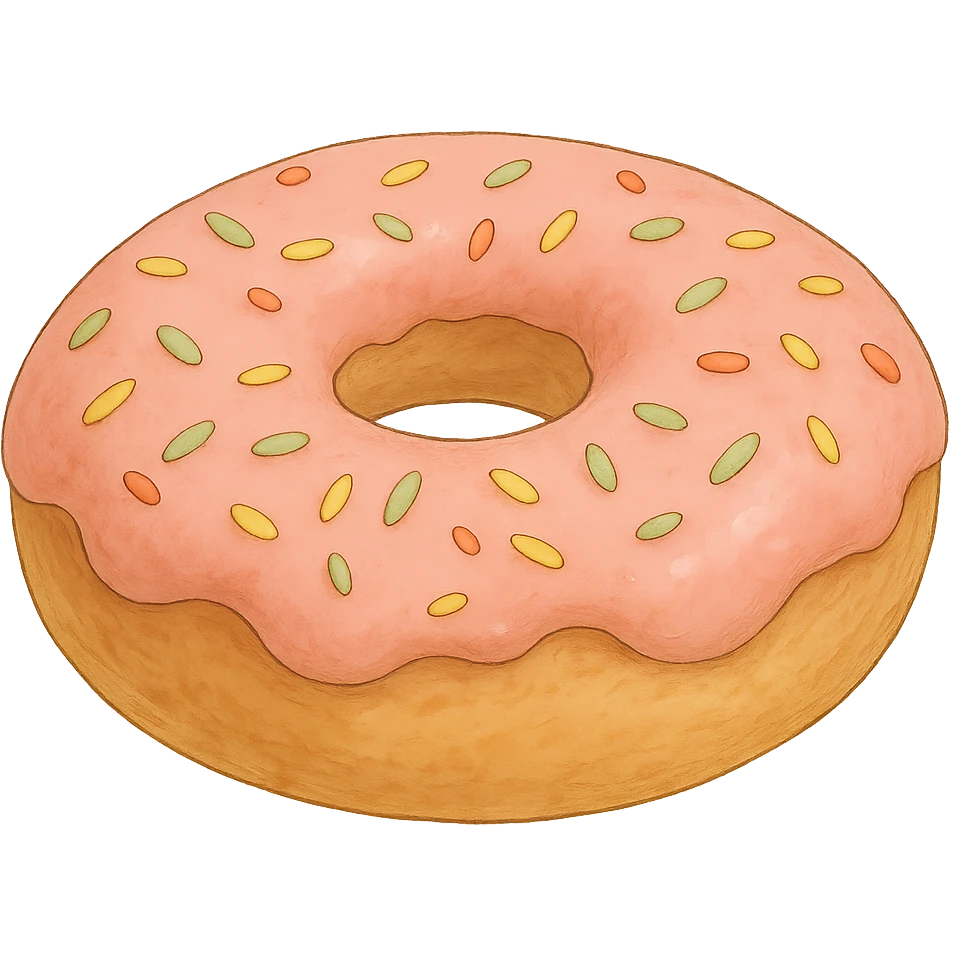 A donut with sprinkles in Ghibli style, detailed, soft pink colors, with no background emoji