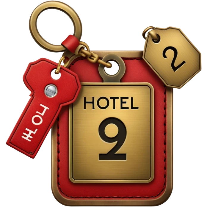 antique brass hotel key with large red leather room number tag emoji