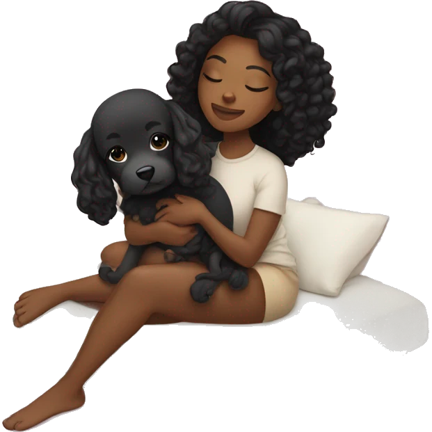 Black girl , black straight hair curled up in bed with a puppie emoji