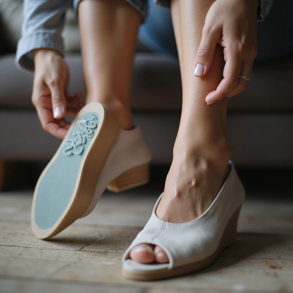 woman with visible orthotic in shoe, expression of discomfort, pain in foot and knees, realistic style, domestic environment emoji