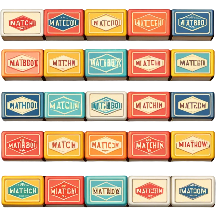 Icon for Matchbox Collecting: a collection of vintage and colorful matchboxes from different places, neatly displayed in a row or in a display case. The icon should reflect the uniqueness and diversity of matchbox collecting. Transparent background. emoji