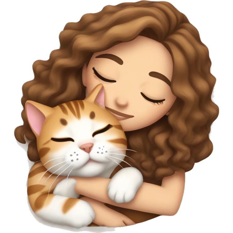 extremely light skin girl with brown hair sleeping with cute bengal cat emoji
