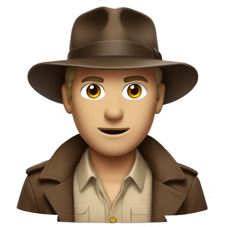 White Indiana Jones with a dark brown jacket and a brown hat, beige shirt emoji