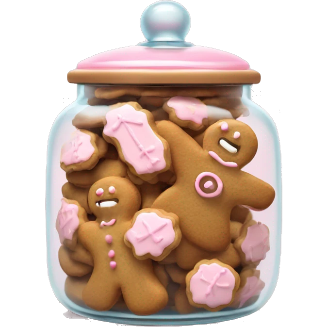 Realistic glass cookie jar with light pink lid full of gingerbread cookies isolated.  emoji