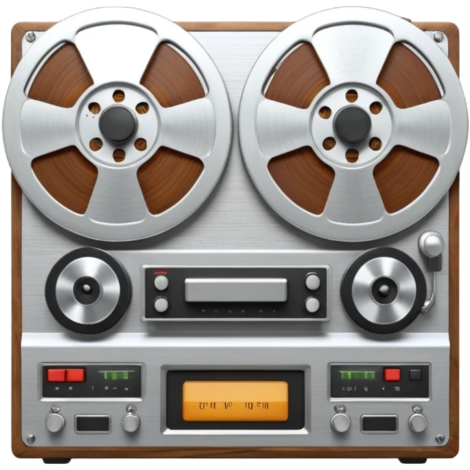 3D render of Reel-to-Reel, vintage 1980s audio equipment aesthetic, tactile analog buttons, silver metallic face with two large brown magnetic tape wheels, mixed wood grain and brushed aluminum textures, Apple emoji style, isolated on white background --v 6.0 emoji