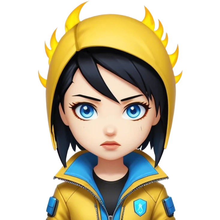 Black hair cyberpunk 2077 chibi girl with blazing blue eyes and yellow jacket from the animation show cyberpunk edge runners. All emotion reactions emoji
