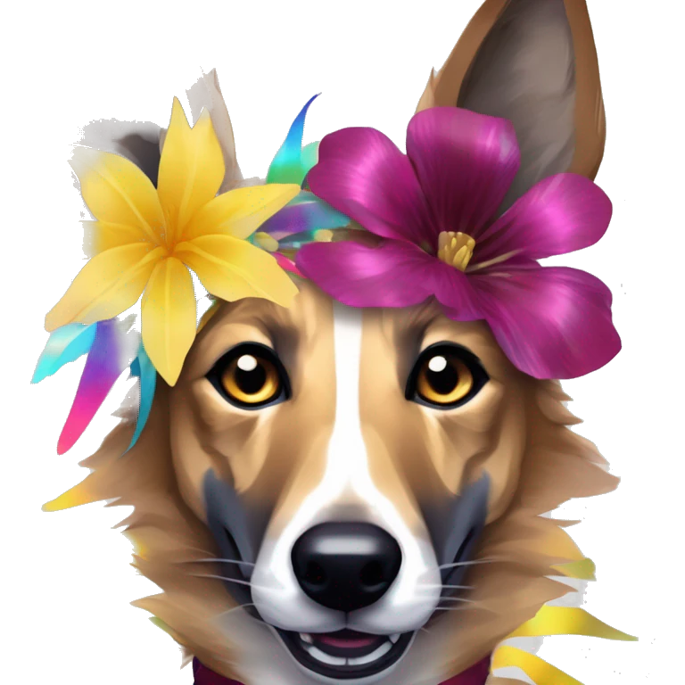  brindle brown black maroon striped lurcher Alsatian fox running blue eyes and iridescent holographic oilslick harness wearing paper iridescent tropical flower crown yellow caution tape emoji