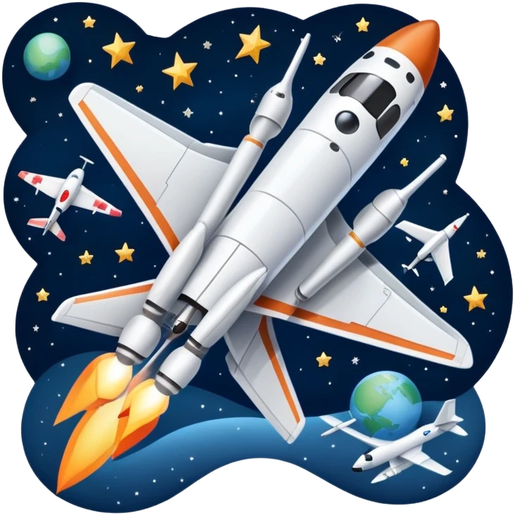 An icon featuring a space shuttle, a drone, and an airplane against a starry sky, symbolizing aerospace technology. The design includes rocket boosters and satellite orbits, representing the exploration of space and advanced aviation. Transparent background emoji