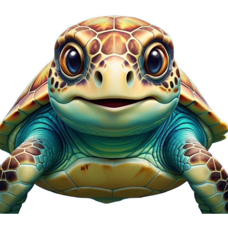 Cinematic Realistic Comical Sea Turtle Portrait Emoji, Head tilted dramatically with an exaggeratedly amused expression, featuring a robust, intricately patterned shell and wide, expressive eyes filled with playful disbelief, rendered with vibrant, lifelike detail and natural coastal light; high shine, dramatic yet playful, styled with an air of cheeky marine mischief, soft glowing outline, capturing the essence of a spirited and over‐the‐top sea turtle that looks ready to bob its way into viral fame! emoji