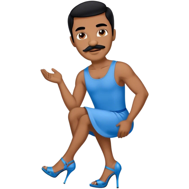Man in a blue dress and blue strappy high heels with black hair and black mustache and brown skin emoji