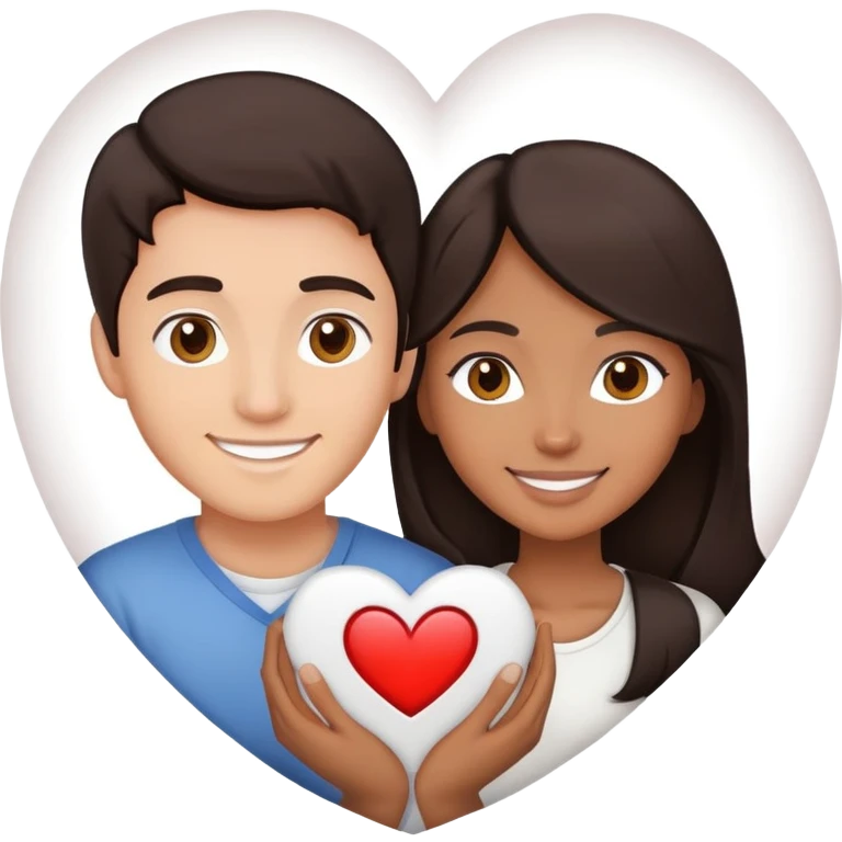 A couple with dark brown hair and mixed skin tone inside a white heart emoji