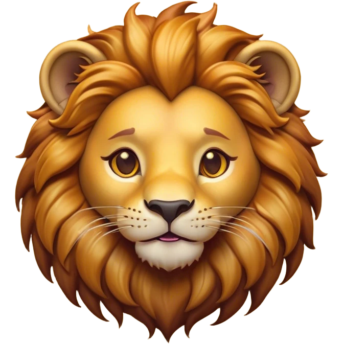 Cinematic Cute Lion Portrait Emoji, Head tilted playfully and inquisitively, featuring a glossy tawny Fur with a lush mane and round, sparkling amber eyes filled with curious mischief, Simplified yet irresistibly adorable features, highly detailed, glowing with a warm, friendly glow, high shine, affectionate and spirited, stylized with a touch of jungle whimsy, bright and endearing, soft glowing outline, capturing the essence of a mischievous yet loving lion, so playful it feels like it could pounce out of the screen and into your arms! emoji