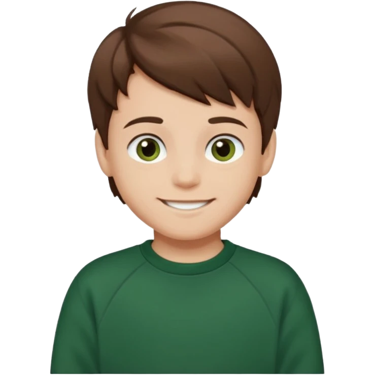 a smiling boy with brown hair and white skin he has dark eyes and he is wearing a dark green sweatshirt emoji