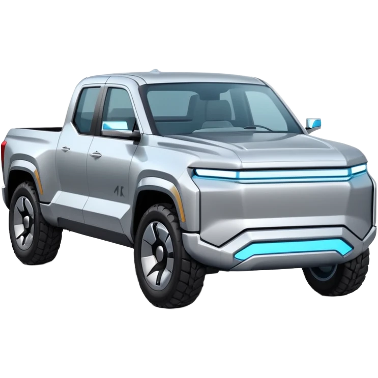 A futuristic electric pickup truck emoji, silver chrome body, angular cyber design, smooth metallic panels, subtle reflections, minimalistic proportions, iOS emoji style, centered composition, clean white background, soft lighting emoji
