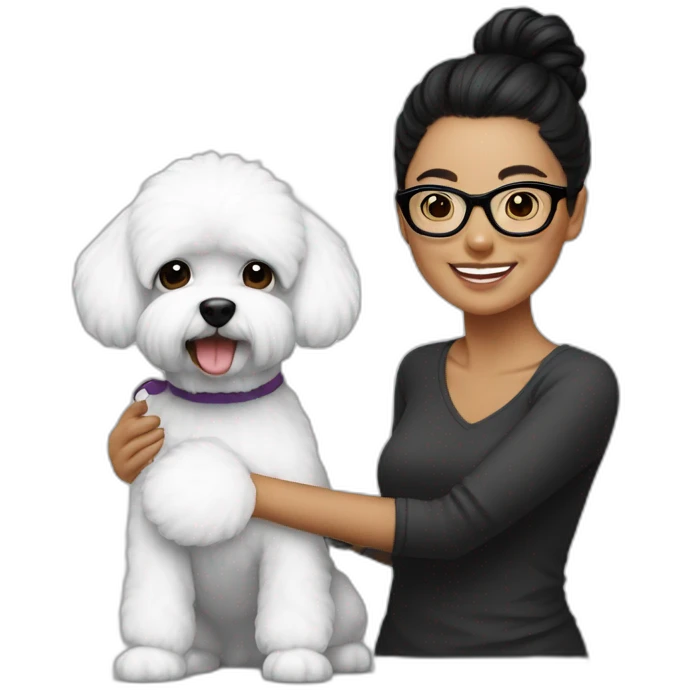 woman-black hair-bun-with glasses-with bichon dog-white-smile emoji
