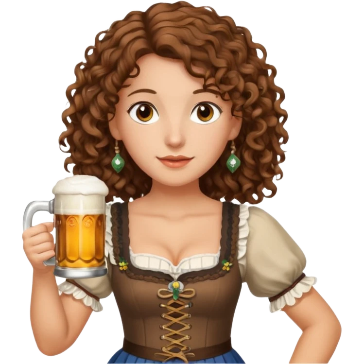 A white woman with brown, shoulder-length curly hair and brown eyes she is wearing a dirndl and holding a beer stein emoji