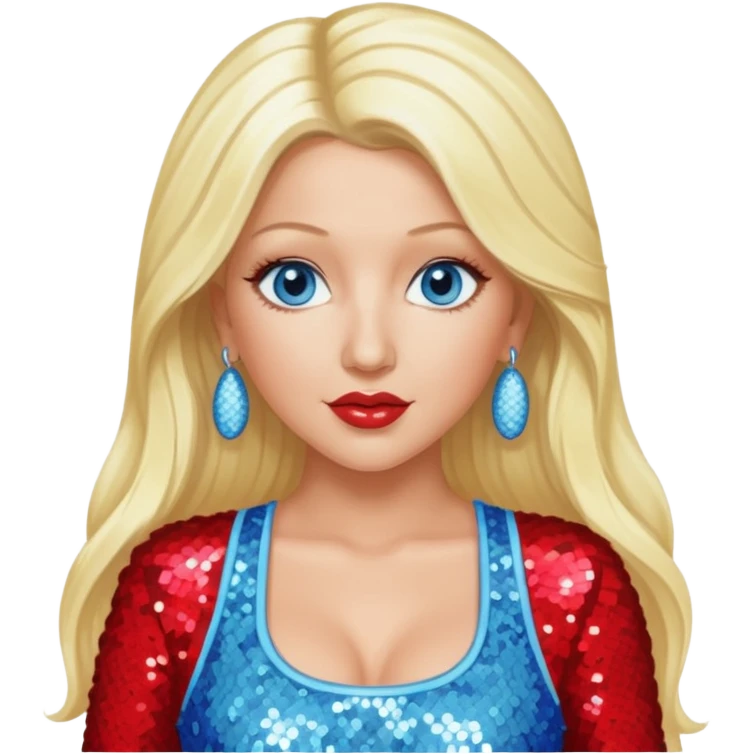 Christina Aguilera with blue eyes, long blonde hair, light blue sequin crop top, red sequin pants emoji