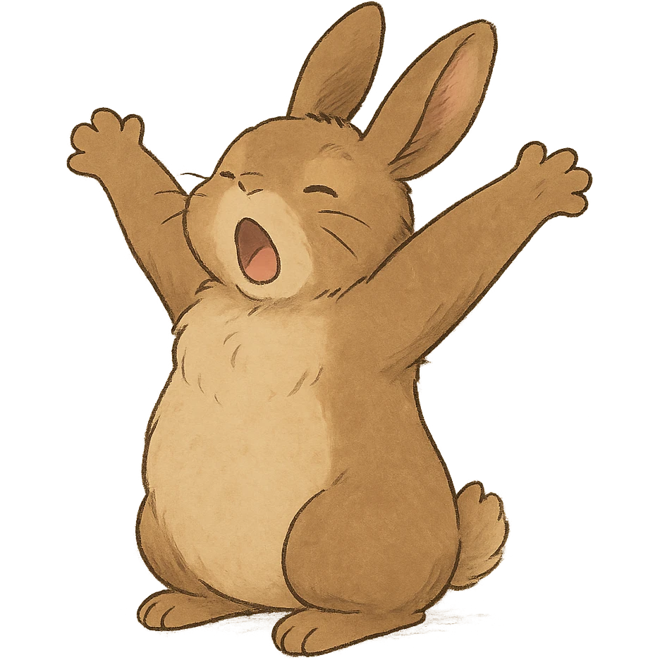 brown bunny stretching arms while yawning, soft ghibli style emoji