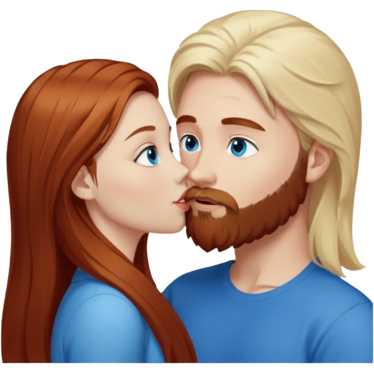 Long-pale-blonde hair, beautiful girl with blue eyes facing, kissing reddish-brown hair-beard boy blue eyed white guy emoji