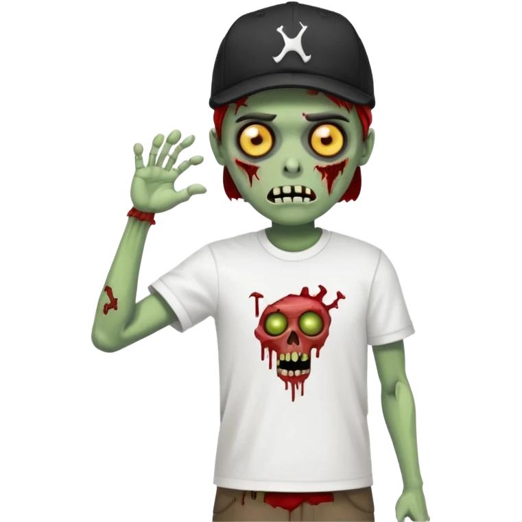 A zombie wearing a white Nike shirt, a black Nike cap, emoji