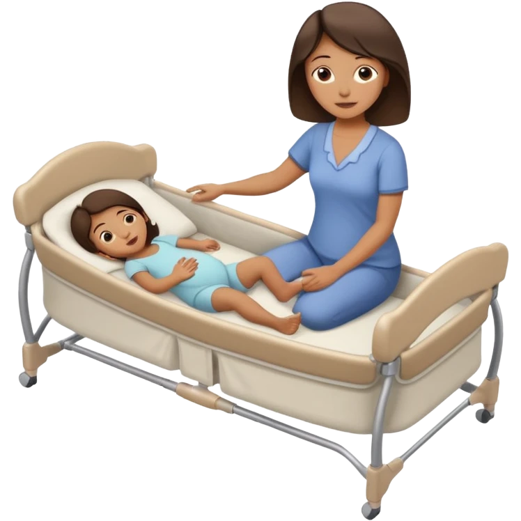 a mom laying down in a “C” position laying close to the she of the bed by her daughters bassinet while still trying to reach far back with her foot to touch her husband  emoji