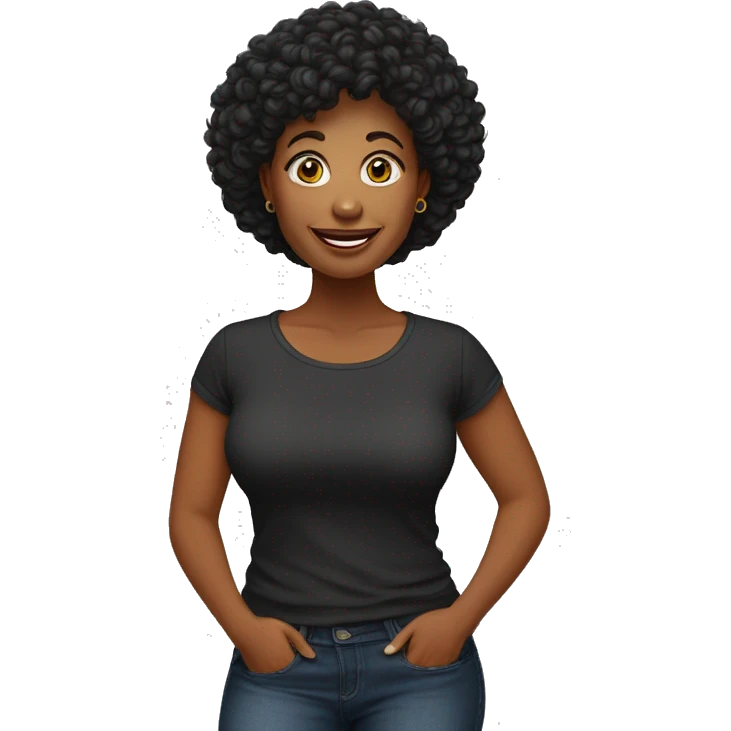 mulher, 54 anos, gorda, feliz, cabelo liso preto, na altura do ombro, olhos castanhos, vestindo calça leg e camiseta  preta emoji