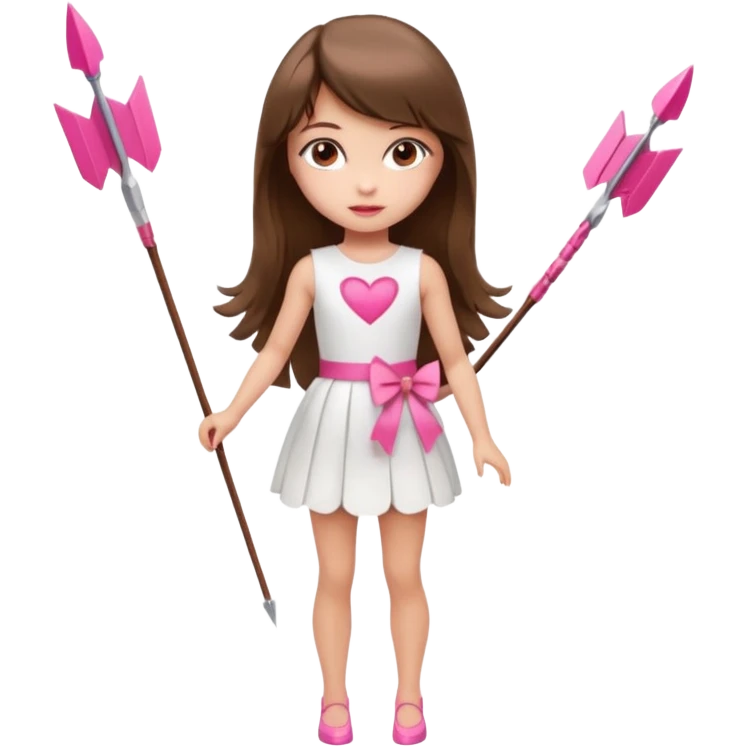 Hada sexy cupido pequeña  de cabello largo lacio castaño con flequillo y ojos cafés  vestida con algo sensual corto color blanco o rojo arco delgado con un color que combinen   y flechas  igual delgadas  que combinen y labios rosas tipo Barbie pero en hada cupido de cuerpo completo ojos sexys  emoji
